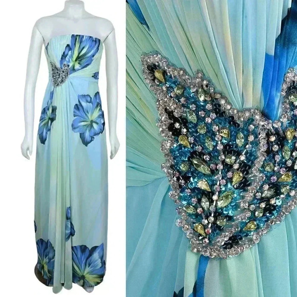 Jovani Gown Blue Green Floral Watercolor Beaded Strapless Chiffon Prom Grad 4 - Picture 1 of 15